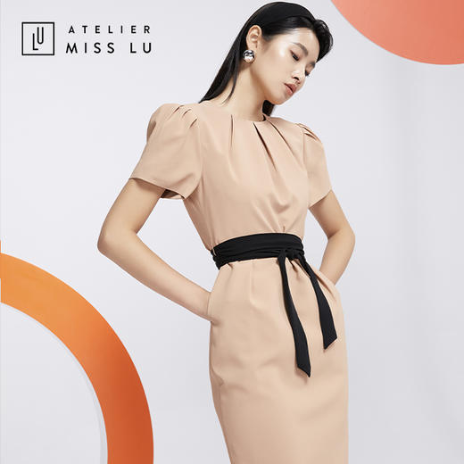 AtelierMissLu—职场大女人肉桂奶茶褶皱系带连身裙-0000592A 商品图2