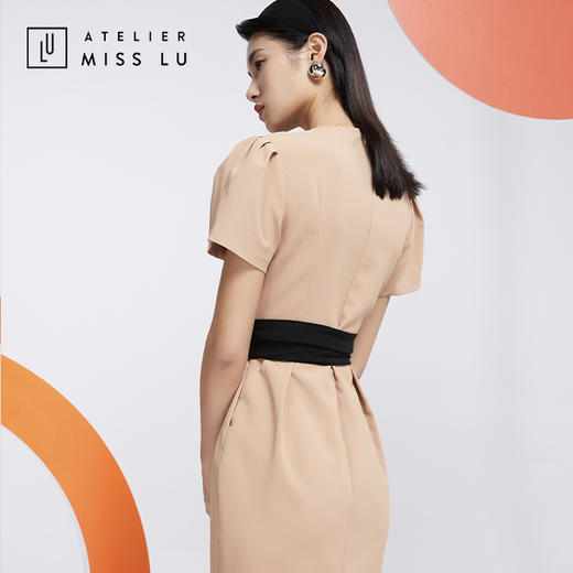 AtelierMissLu—职场大女人肉桂奶茶褶皱系带连身裙-0000592A 商品图3