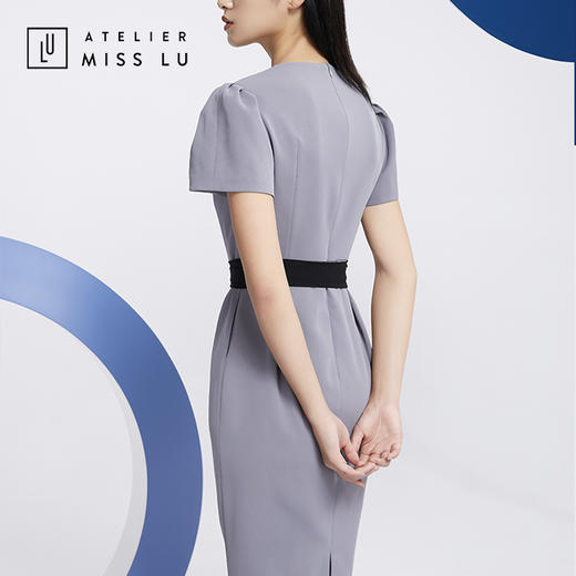 AtelierMissLu—职场大女人高级灰褶皱系带连身裙-0000592 商品图3
