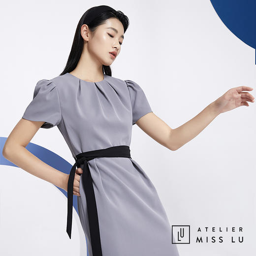 AtelierMissLu—职场大女人高级灰褶皱系带连身裙-0000592 商品图2