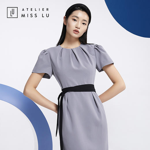 AtelierMissLu—职场大女人高级灰褶皱系带连身裙-0000592 商品图0