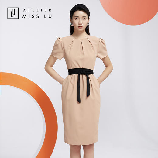 AtelierMissLu—职场大女人肉桂奶茶褶皱系带连身裙-0000592A 商品图4