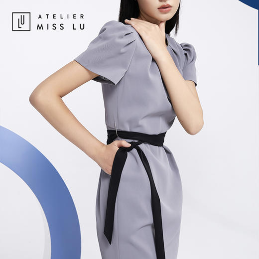AtelierMissLu—职场大女人高级灰褶皱系带连身裙-0000592 商品图4