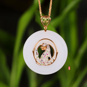 18K玫瑰金和田玉（白玉）镶钻吊坠--豹  /平安扣40*5.5mm