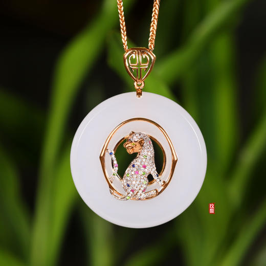 18K玫瑰金和田玉（白玉）镶钻吊坠--豹  /平安扣40*5.5mm 商品图0