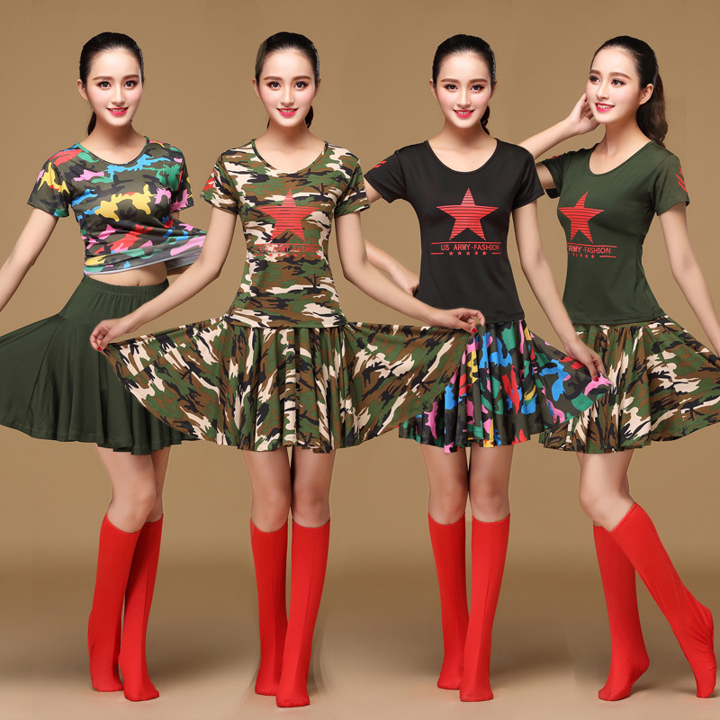春夏水兵舞蹈服装女广场舞演出迷彩服短袖裙裤表演服装-004009