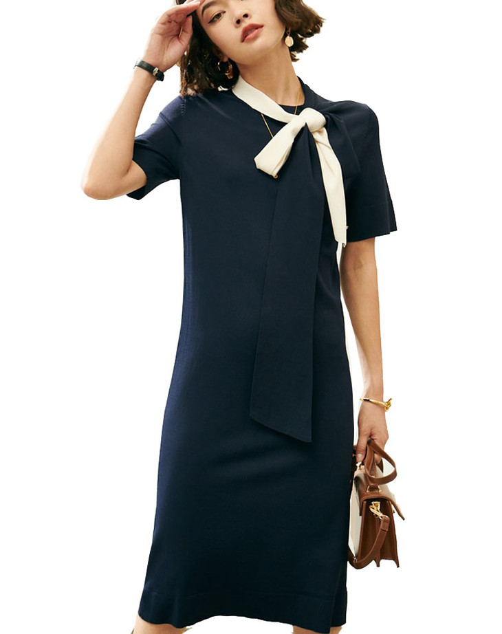 14422 tory burch弹力曲珠撞色系带领短袖连衣裙