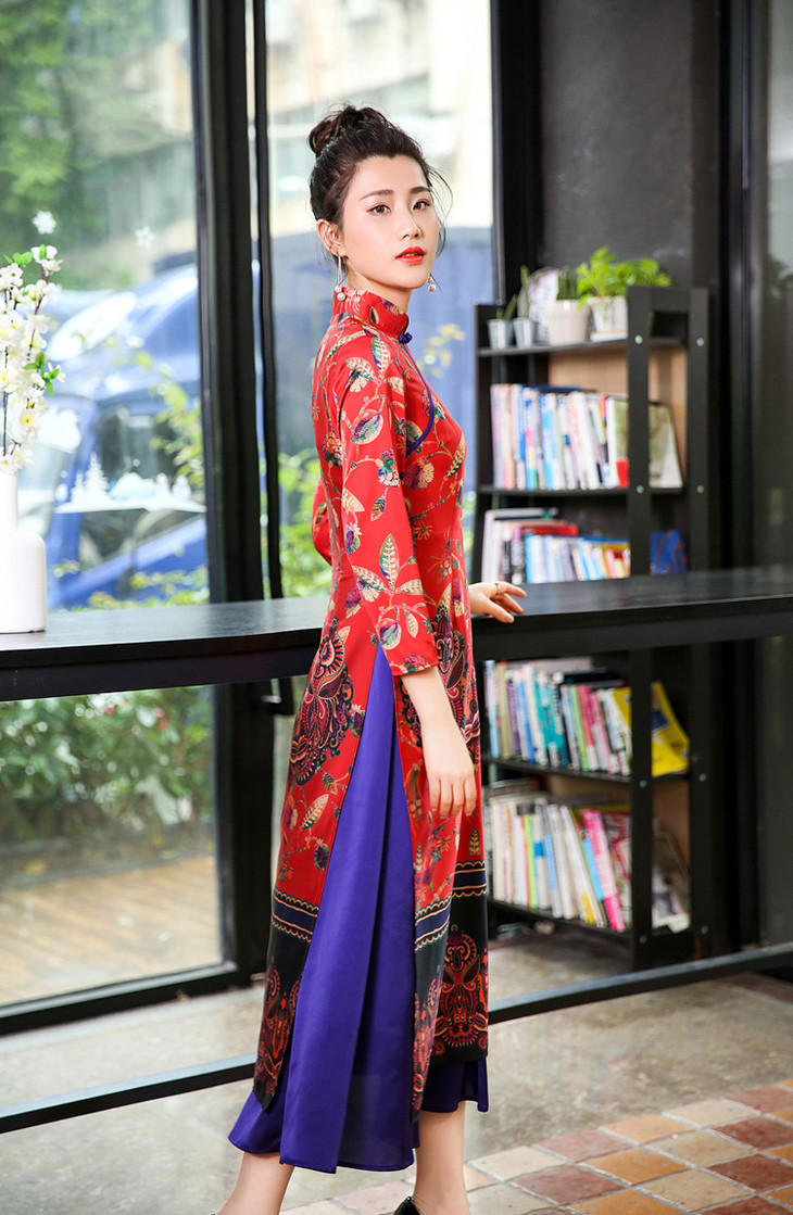 民族风盘口印花改良奥黛旗袍裙xf-xf3108