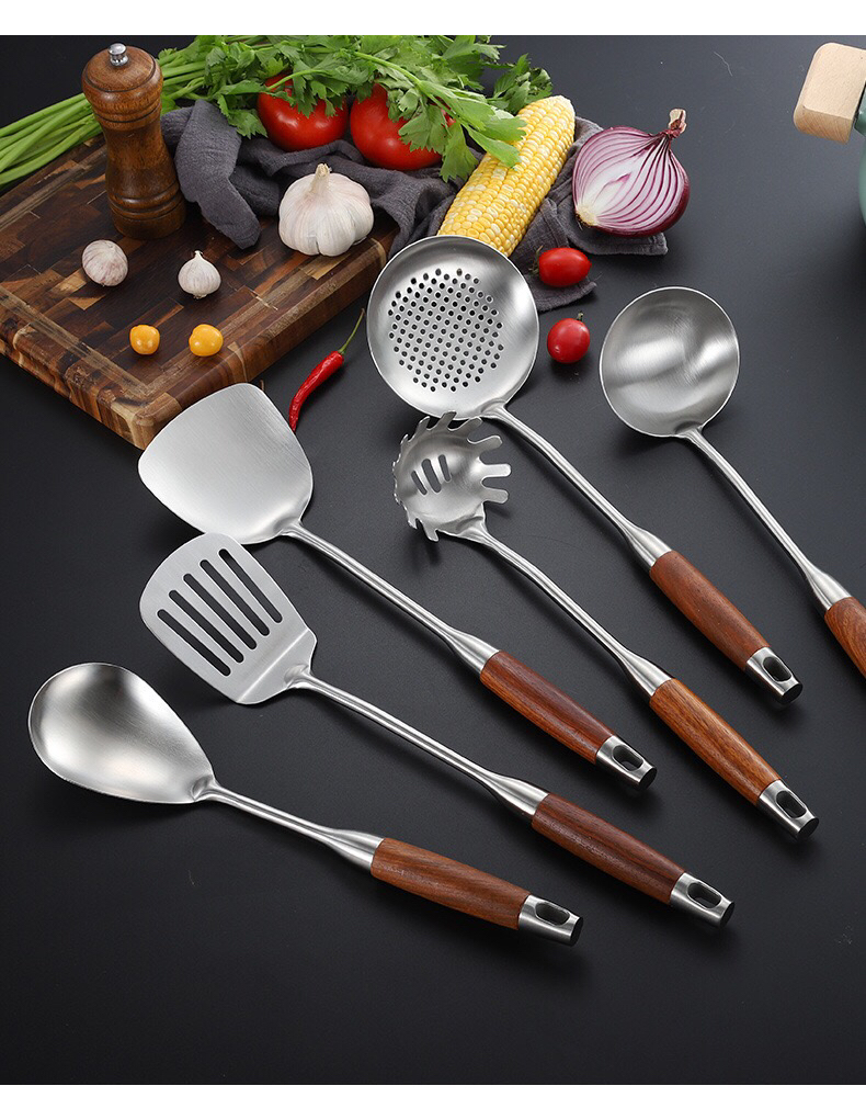 七件套】304不锈钢花梨木锅铲厨具套装汤勺捞篱漏勺家用厨房用具煎铲