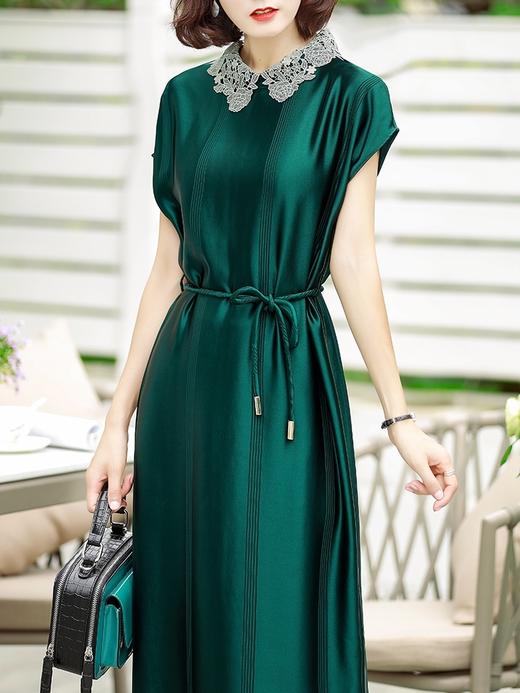 【都市魅力】蕾丝领暗纹真丝醋酸连衣裙a