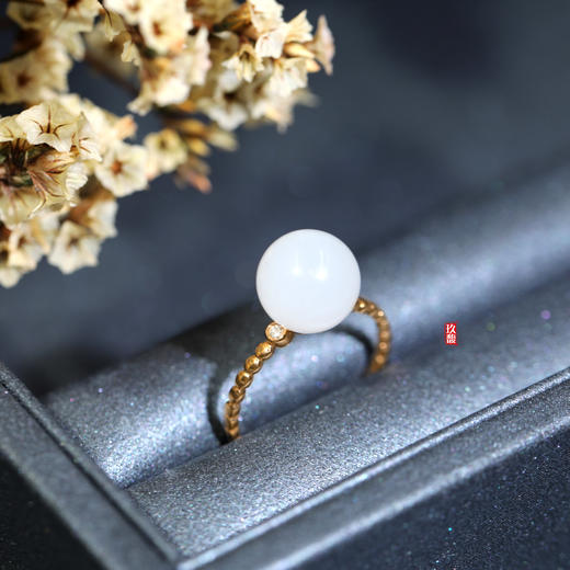 18K玫瑰金和田玉（白玉）镶钻戒指--心愿  / 玉珠10mm（圈口请备注留言） 商品图0