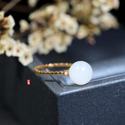 18K玫瑰金和田玉（白玉）镶钻戒指--心愿  / 玉珠10mm（圈口请备注留言） 商品图1