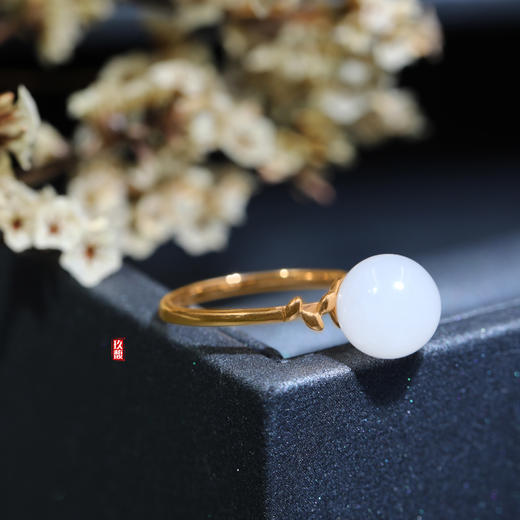 18K玫瑰金和田玉（白玉）戒指--金枝芽  / 玉珠10mm（戒圈请备注留言） 商品图1