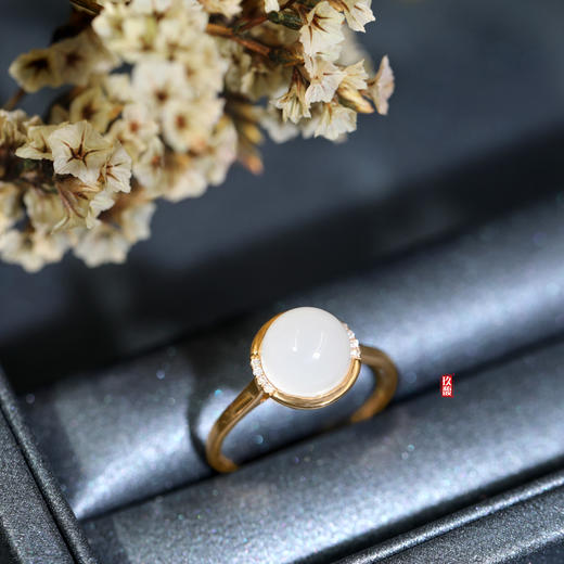 18K玫瑰金和田玉（白玉）镶钻戒指--花之物语 /半珠8mm（圈口请备注留言） 商品图0