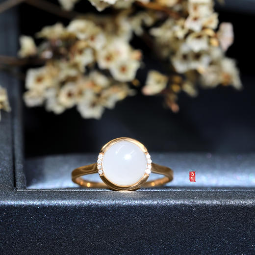 18K玫瑰金和田玉（白玉）镶钻戒指--花之物语 /半珠8mm（圈口请备注留言） 商品图1