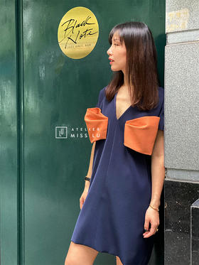 AtelierMissLu— “大可爱小放飞” 蓝橘撞色大蝴蝶结俏皮登山度假宽松连身裙 / 0000611