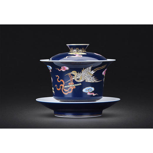 霁蓝釉灵鹤三才盖碗