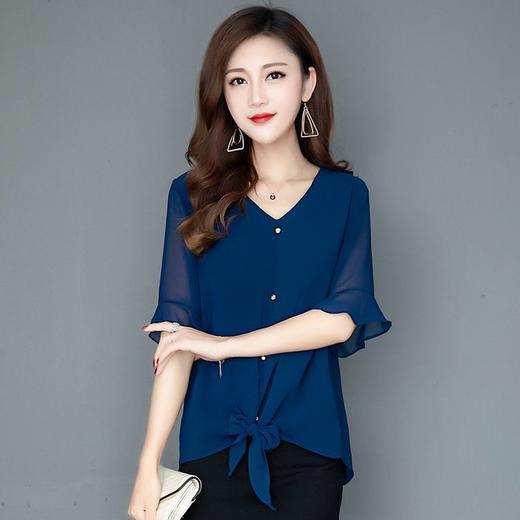 MQ-JHY213夏新款宽松洋气V领雪纺中袖宽松打结纯色上衣YY 商品图1