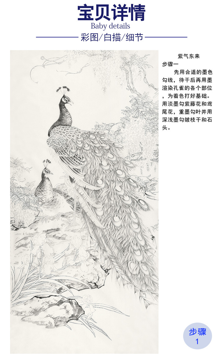 有步骤陈军四尺竖幅工笔花鸟画白描底稿孔雀图紫气东来有步骤图可选