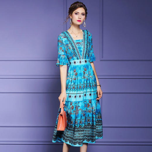 FMY-F20XL33148夏装新款复古收腰遮肚子显瘦印花雪纺连衣裙 商品图1