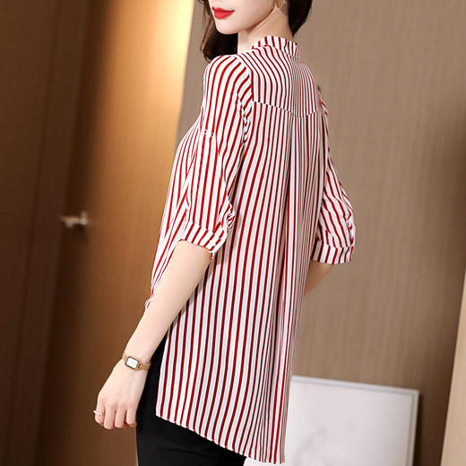 SS-03-2501条纹真丝衬衫中长款v领韩版宽松显瘦短袖上衣 商品图4