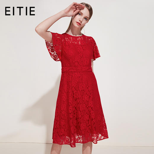 EITIE爱特爱女装夏季荷叶边袖口收腰显瘦大红色蕾丝连衣裙B1907248 商品图0