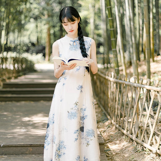 YM-9665棉麻印花  文艺优雅飘逸无袖丝麻立领收腰A字裙 商品图0