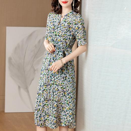 SP-X042107真丝2020夏新款欧美时尚碎花中长款腰带裙 商品图1