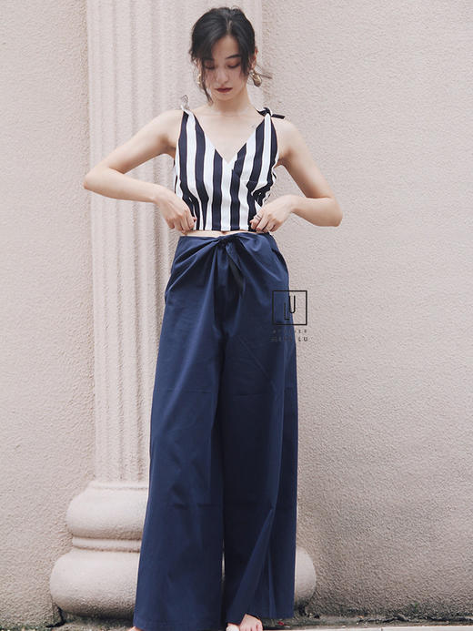 AtelierMissLu-「就是这么飒」 藏青蝴蝶结可调节阔腿裤-00066A 商品图0