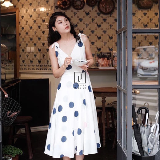 AtelierMissLu-「肩头小雀跃」 趣味波点蝴蝶结裹身裙-0000602A 商品图0