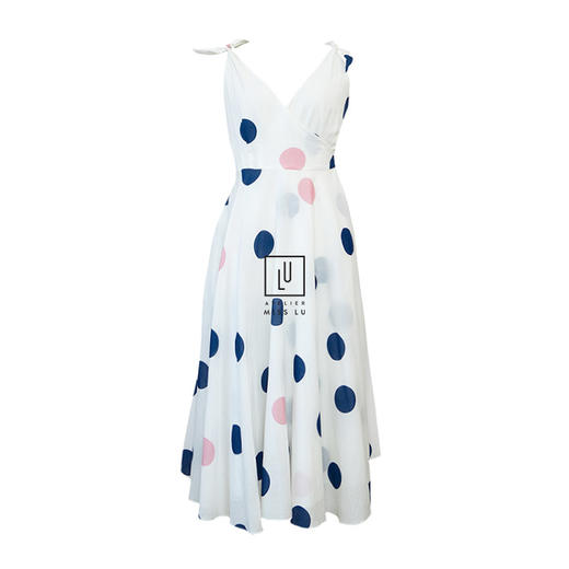 AtelierMissLu-「肩头小雀跃」 趣味波点蝴蝶结裹身裙-0000602A 商品图3