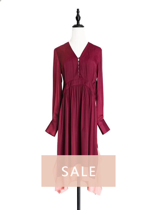 TYNVIE 复古宫廷袖拼色裙摆V领连衣裙 - 酒红拼三文鱼橘 商品图0