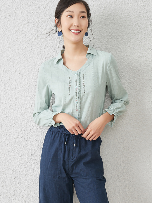 豆绿色衬衫喇叭袖藏肉衬衣打底长袖个性上衣