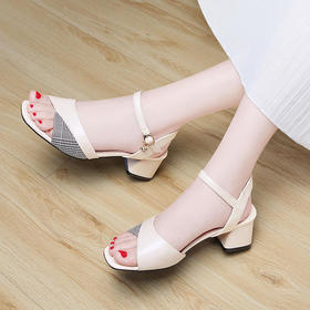 ZBMY-TM-618480075770新款时尚气质真皮一字扣中粗跟百搭凉鞋