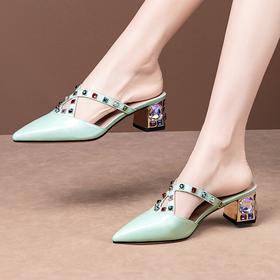 OLD-491新款水钻半拖鞋真皮尖头水晶高跟鞋