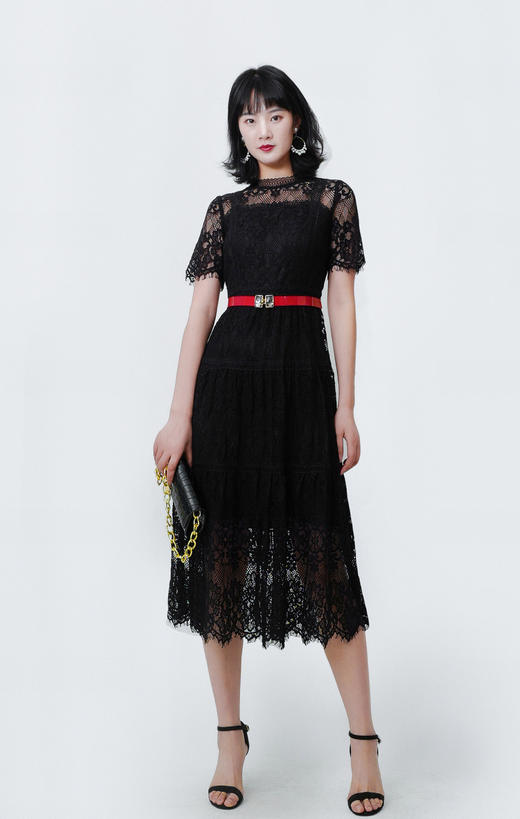 复古过膝裙子拼接镂空蕾丝连衣裙 商品图1