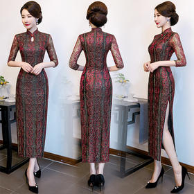XL-9188新款中国风大码走秀蕾丝旗袍长款舞台演出旗袍