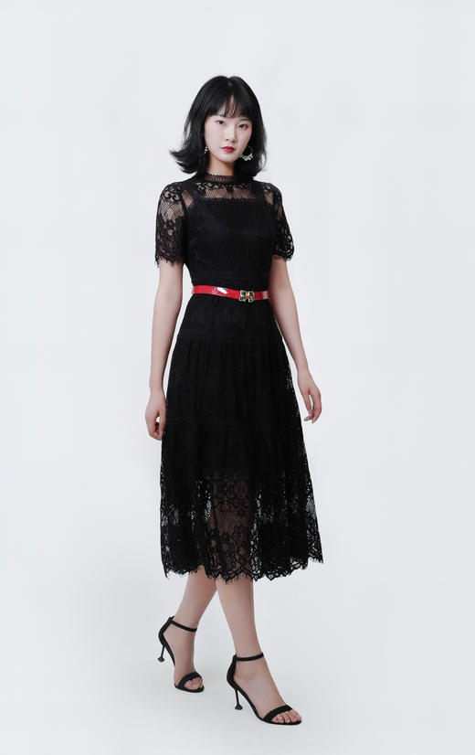 复古过膝裙子拼接镂空蕾丝连衣裙 商品图2