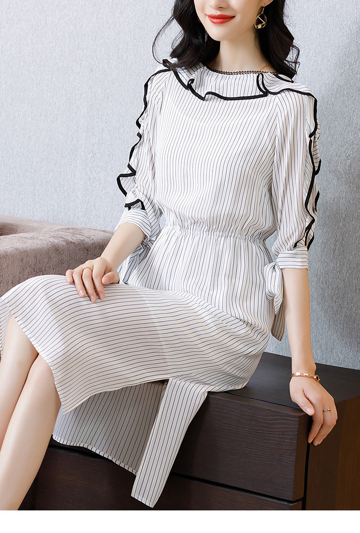 荷叶袖收腰显瘦真丝连衣裙ml-ml18019