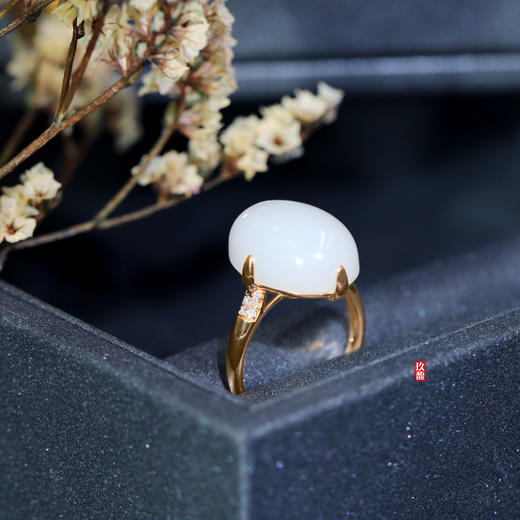 18K玫瑰金白玉大蛋面戒指-四面爪镶 /蛋面13*18mm（圈口请备注留言） 商品图0