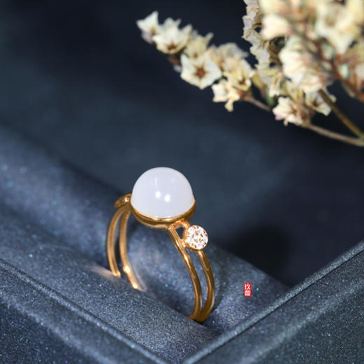 18K玫瑰金和田玉（白玉)镶钻戒指--星月奇缘  /半珠8mm（戒圈请留言备注） 商品图1