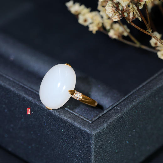 18K玫瑰金白玉大蛋面戒指-四面爪镶 /蛋面13*18mm（圈口请备注留言） 商品图1