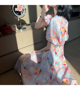 莫奈油画裙~V领气质法式收腰连衣裙