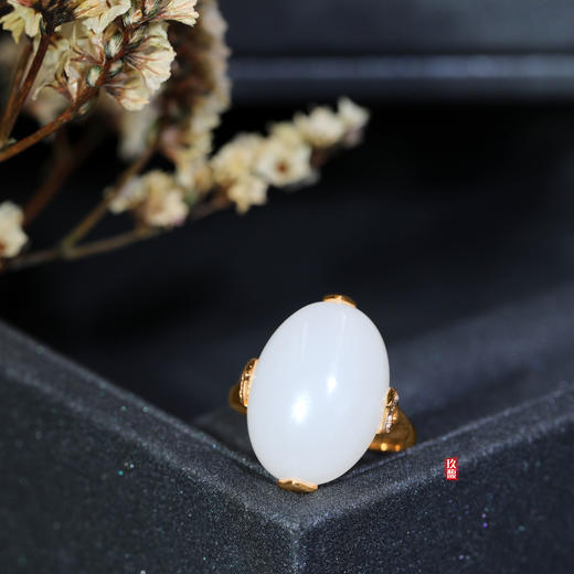 18K玫瑰金和田玉（白玉)镶钻戒指--凤羽  /蛋面13*18mm（戒圈请留言备注） 商品图2