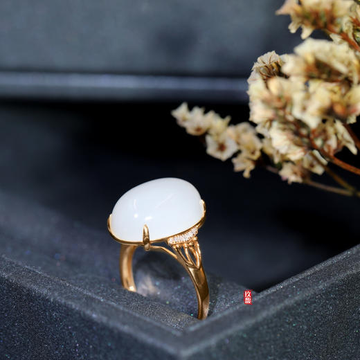 18K玫瑰金和田玉（白玉)镶钻戒指--亭亭玉立 /蛋面13*18mm（戒圈请留言备注） 商品图2