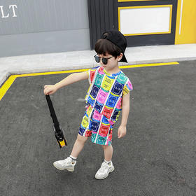 SKM-skb22-6-2062韩版时尚花色透气网布短袖短裤男童两件套潮
