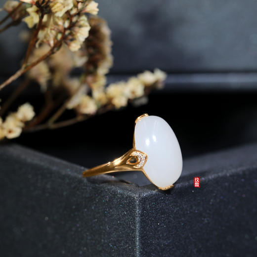 18K玫瑰金和田玉（白玉)镶钻戒指--凤羽  /蛋面13*18mm（戒圈请留言备注） 商品图1
