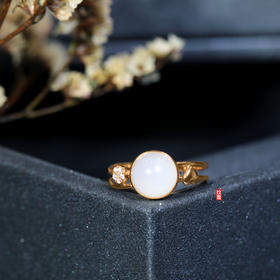18K玫瑰金和田玉（白玉)镶钻戒指--星月奇缘  /半珠8mm（戒圈请留言备注）