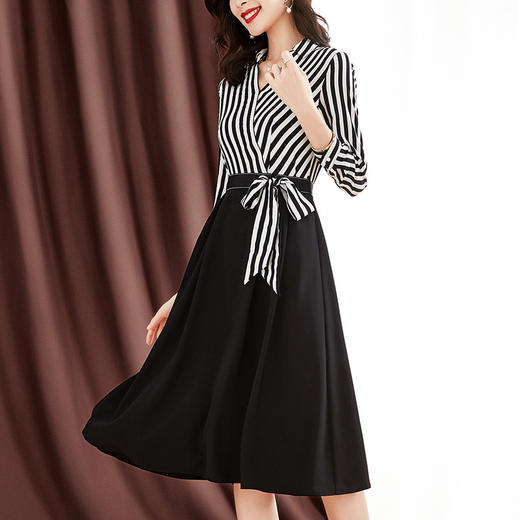 上海旗袍厂QS-8201616新款妈妈春秋装长袖条纹连衣裙中年女气质时尚拼接假两件裙子 商品图0