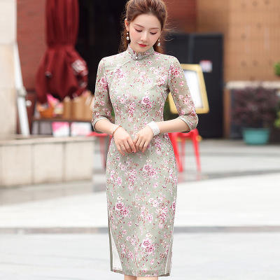 XGT-2334雪纺小碎花印花中长款旗袍裙 商品图1